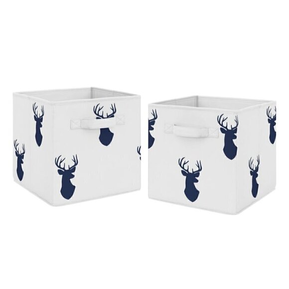 Sweet Jojo Design 2 Foldable Fabric Storage Bins Woodland DEER Stag 11x10.5x10.5 - Picture 2 of 3
